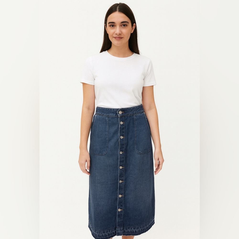 Daily Blue Skirt L Denim Midi Skirt Button Front Pockets Modest Jean Skirt NWT
